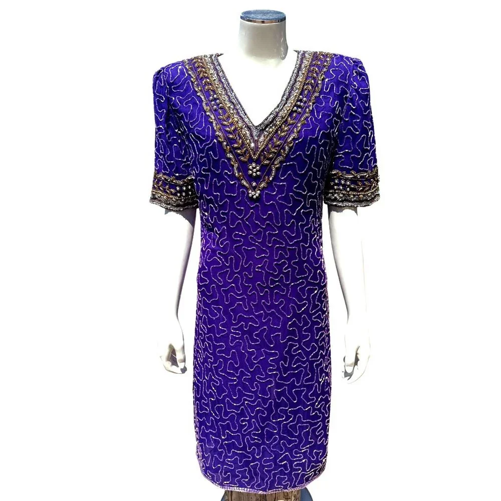 All Silk Vintage Dress by Lawrence Kazar Med Purple Beaded Cocktail Dress Glam - Picture 2 of 12